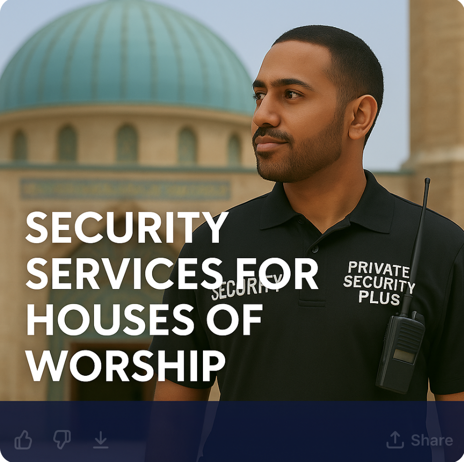 Private Security Plus officer standing in front of a mosque, representing respectful and professional security services for Islamic places of worship in the Bay Area.